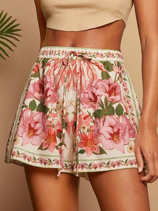 Pants - Multicolor Boho Women's Floral Print Drawstring Waist Shorts